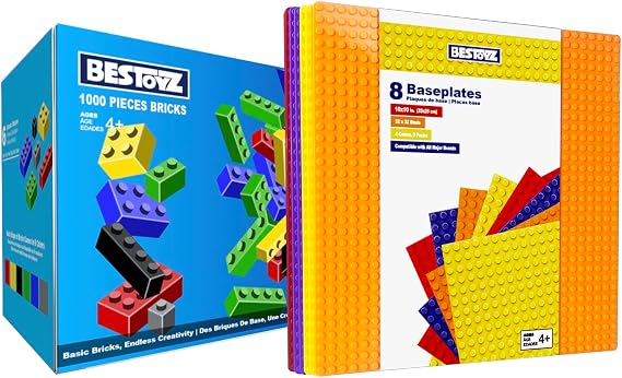 Toy Building Blocks 1000 PCS & 8 Pack Baseplates, Bundle of 2 Sets, Building Toys for Kids Aged 4+