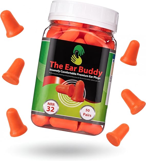 The Ear Buddy Premium Soft Foam Ear Plugs for Sleeping Noise Cancelling, Hearing Protection Earplugs for Shooting Range, Concerts, Work & Travel, Noise Reduction Rating 32 Decibels, 50 Pairs