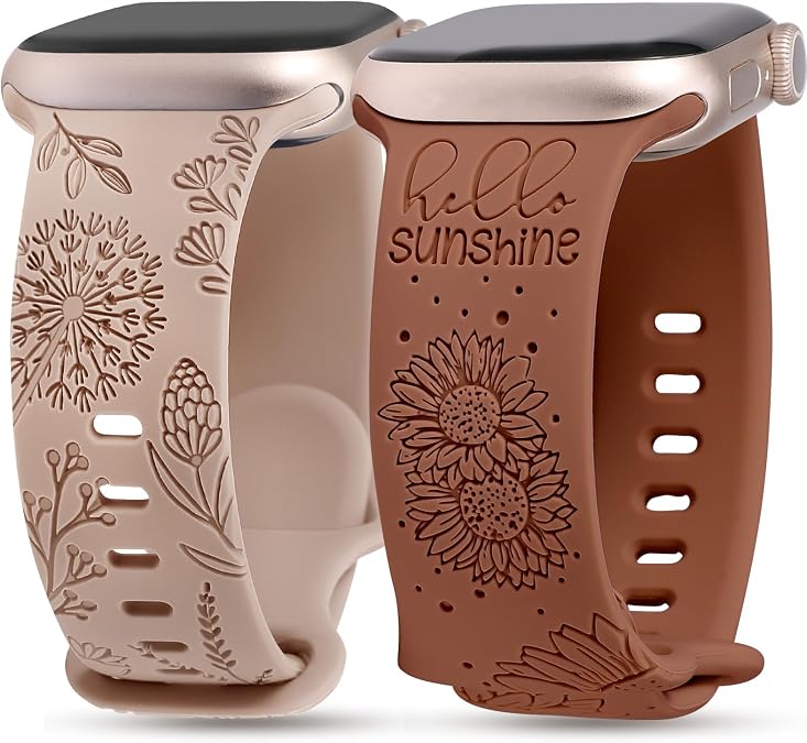 2 Packs Floral Engraved Bands Compatible with Apple Watch Band 38/40/41/42/44/45/46/49mm Women, Cute Soft Silicone Sunflower Fancy Strap for iWatch Series 11 10 9 8 7 6 5 4 SE/Ultra 3 2 1