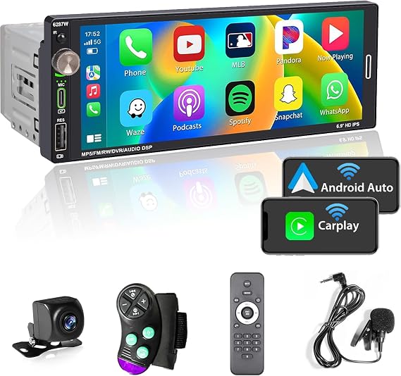 Single Din Car Stereo with Touchscreen (6.9") Compatible with [Wireless] Apple CarPlay/Android Auto Bluetooth AM/FM/RDS Radio USB (Type-C 2.1A Fast Charge) backup Camera