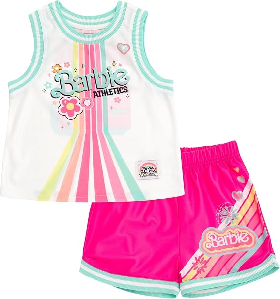Barbie Girls Jersey Athletic Tank Top and Shorts Outfit Set Toddler to Big Kid Sizes (2T - 10-12)