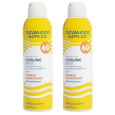 Seaweed Bath Co. Cooling Mist SPF 60 Sport Broad Spectrum Hybrid Sunscreen Spray, 6 Ounce Pack of 2, Sustainably Harvested Seaweed, Aloe, Peppermint