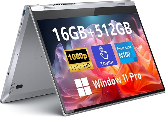 FUNYET Touchscreen Laptop Computer, 14 Inch 2 in 1 Gaming Laptop, 12th Gen N100 Processor(up to 3.4GHz), 16GB RAM 512GB SSD, 1920 x 1080, Backlit Keyboard, Win 11 Pro, Wi-Fi 6, BT5.2