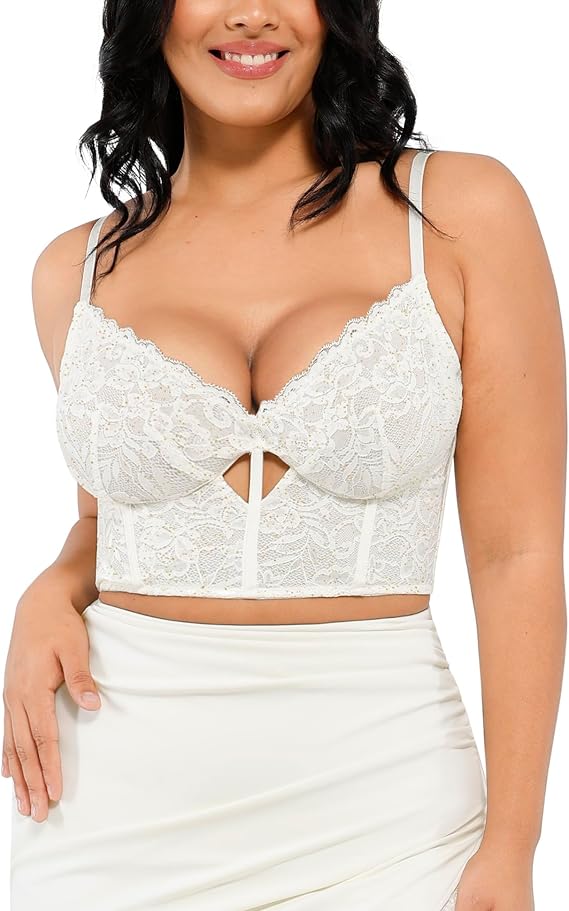 Popilush Bustier Corset Crop Tops for Women V Neck Lace Bralette Racerback
