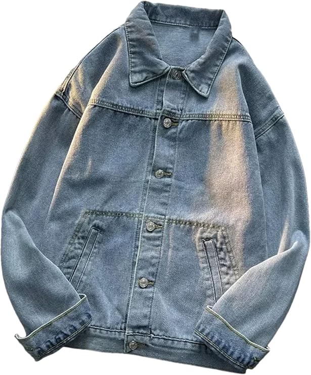 Men's Single-Breasted Loose Fit Denim Jacket Turn-Down Collar Solid Color Retro Korean Fashion Y2K Streetwear Denim Jacket