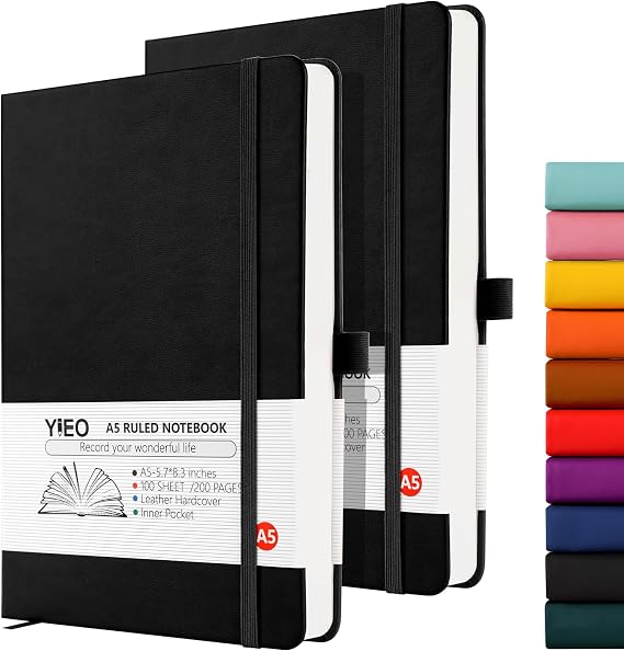 Notebook A5, 2 Pack Hardback Journal Notebook with 398 Lined Pages 80 GSM Leather Notepad with Bookmark, Pen Loop and Expandable Paper Pocket, for Office School Supplies (Black+Black)