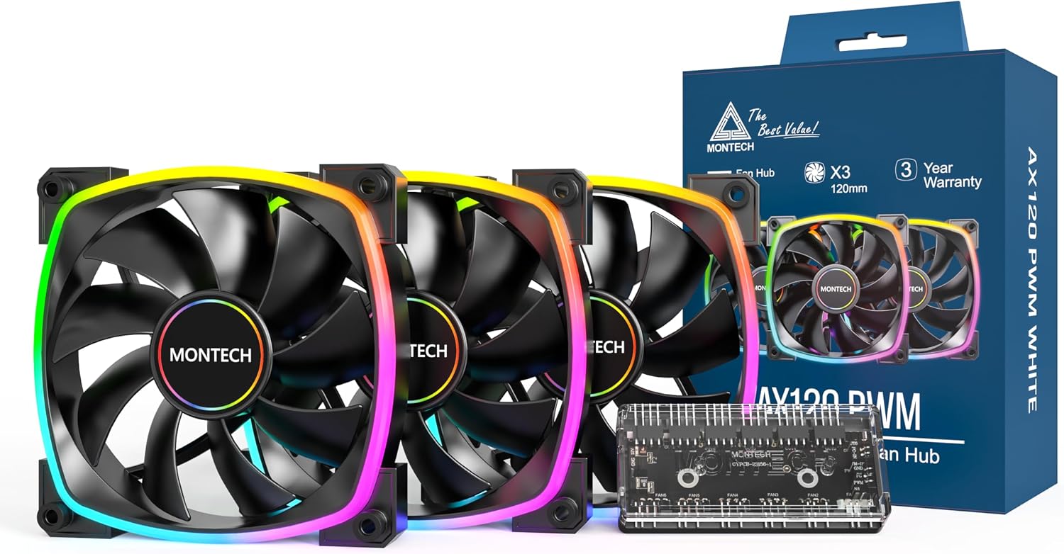 MONTECH AX 120MM - PWM Fan - Quiet Performance - High Speed 1600PWM - High Level Durability with HDB Bearing - Stunning Outer Ring ARGB Lighting Design - 3 in 1 Package with 6X6 Fan Hub