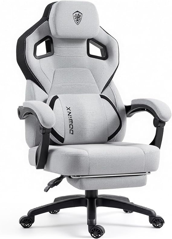 Dowinx Big and Tall Gaming Chair with Footrest, Gray | Breathable woven fabric with lumbar support and extra-wide seat back; big-and-tall frame fits larger, heavier users.