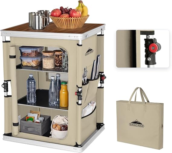 EAGLE PEAK Outdoor Folding Camping Table with Large 3-Tier Storage Organizer and Side Pockets, Easy Set Up Portable Aluminum Camping Kitchen, Beige