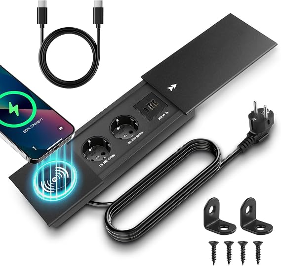 Built-in socket retractable with lid, 2-way power strip, USB C PD | Built-in Table Socket Table Top Recessed Socket for Desk Kitchen Office Sofa Table Conference Table Black