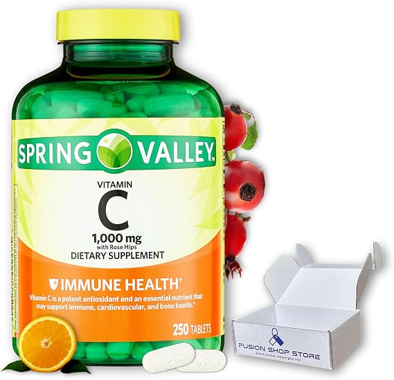Vitamin C 1000mg- with Rose Hips Tablets, 250 Count (Pack of 1), Boxed By Fusion Shop Store