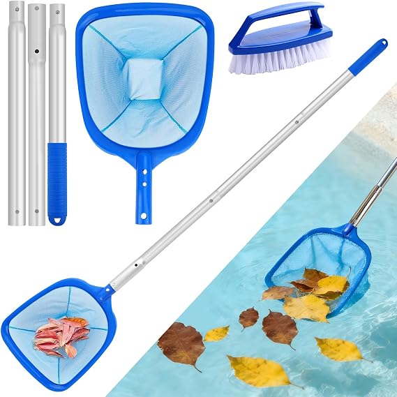 Swimming Pool Skimmer with Small Brush , Deep Pond Fish Net With Ajustable Thick Metal Pole, Pool Cleaning Kit Accessories for Pond Pool Hottub Spa Koi Tank Scoop Out Leaves Twigs Hairs Bugs Debris
