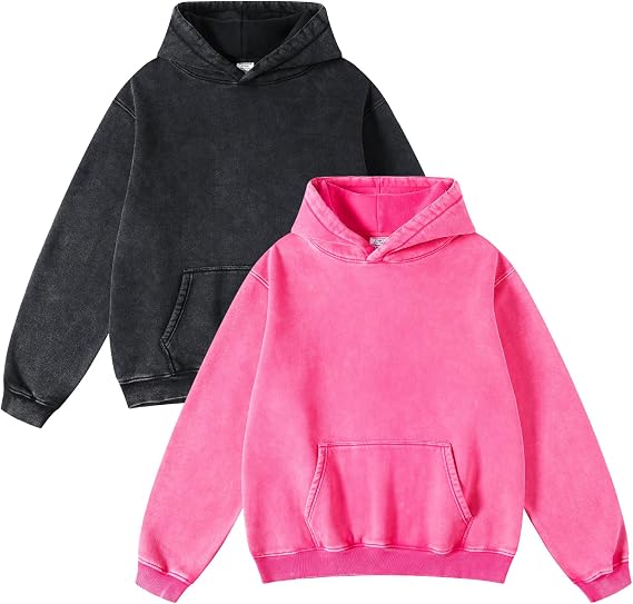 FAIABLE 2 Pack Acid Wash Hoodie Unisex Oversized Vintage Hoodies Heavyweight Distress Sweatshirts Cotton Fleece Washed Sweatshirt for Men Women Couples Streetwear College Black Pink