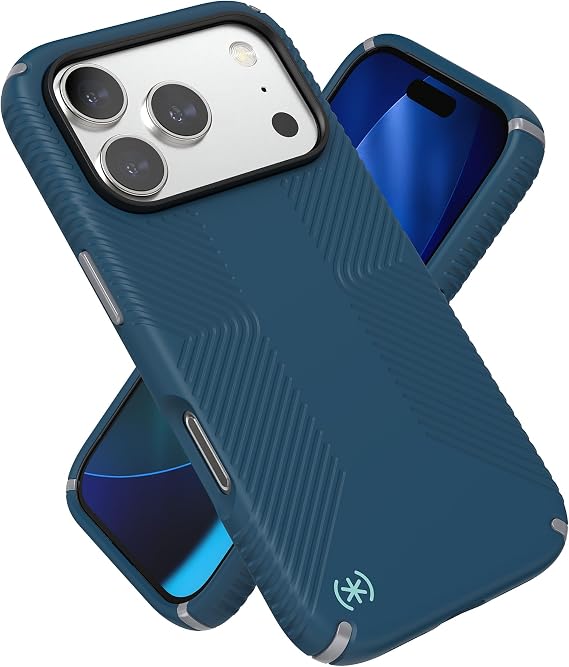 Speck PRESIDIO2 Grip for iPhone 17 Pro Case, Slim Protective Case, DEEP SEA/Silver Metallic/Spell Blue
