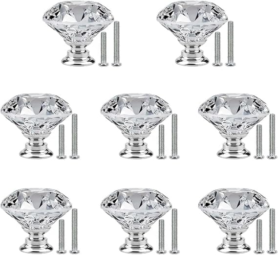 8PCS Crystal Drawer Knobs with 2 Sizes Screws, 30mm Drawer Handles Crystal Glass Diamond Shaped Wardrobe Door Handles, Cupboards Door Knobs for Dresser Drawers, Kitchen, Bathroom Cabinet, Office