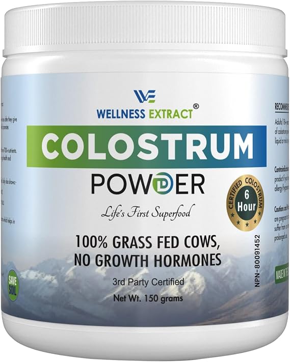 WELLNESS EXTRACT Bovine Colostrum Powder with Lactoferrin, Grass-Fed Organic Colostrum Supplement for Gut Health, Immune Support & Muscle Recovery, Rich in IgG & IGA, Unflavored, 5.3oz