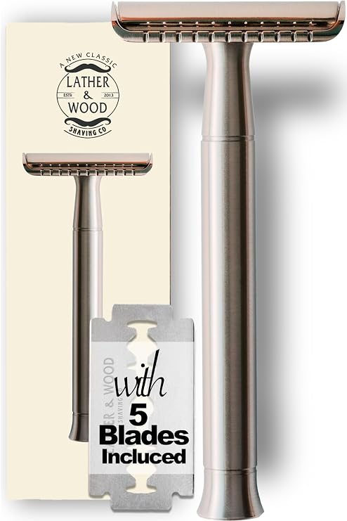 Lather & Wood Single Blade Razor for Men - Premium One Blade Safety Razor - Precision Shaving Instrument - Baron Classic - Brushed Alloy
