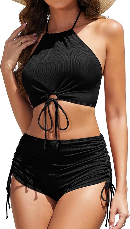 Women Halter Top Boy Short Bikini High Waisted Swimsuit