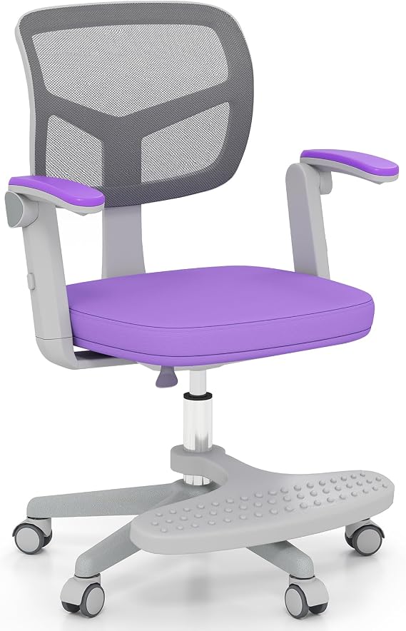 COSTWAY Kids Computer Desk Chair, Ergonomic Children Task Study Chairs with Lumbar Support, Adjustable and Swivel Mesh Chair for School Home Office (with Footrest, Purple, 57 x 55 x 80-91cm)