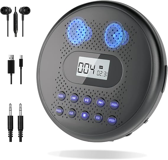 ARAFUNA Portable CD Player with Dual Stereo Speakers, Rechargeable for Car | Discman CD Player with Anti-Skip Protection, Headphones and AUX Cable Backlight Buttons for Home, Travel