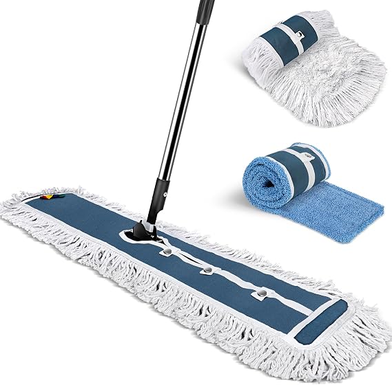 42" Commercial Dust Mop for Floor Cleaning, Heavy Duty Industrial Mop | Large Flat Mop with Long Handle, Push Mop with 2 Different Mops Pads, for Hardwood, Tile, Gym, Office, Mall, Warehouse