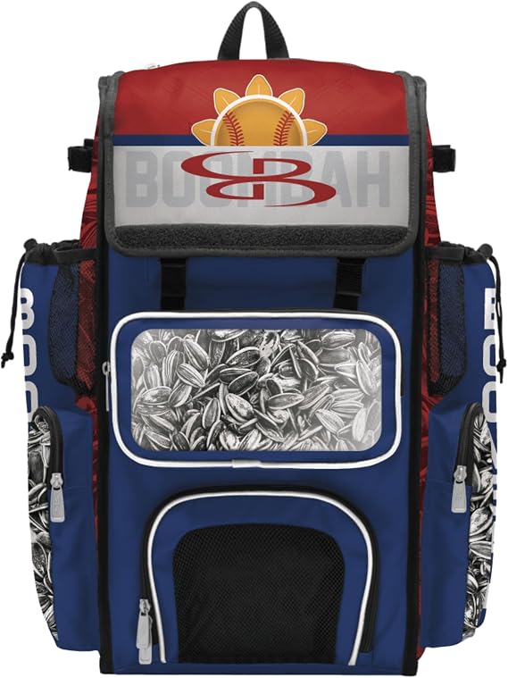 Boombah Superpack Bat Bag - Backpack Version (no wheels) - Holds 4 Bats - Sunflower Seeds Royal Blue/Red/White