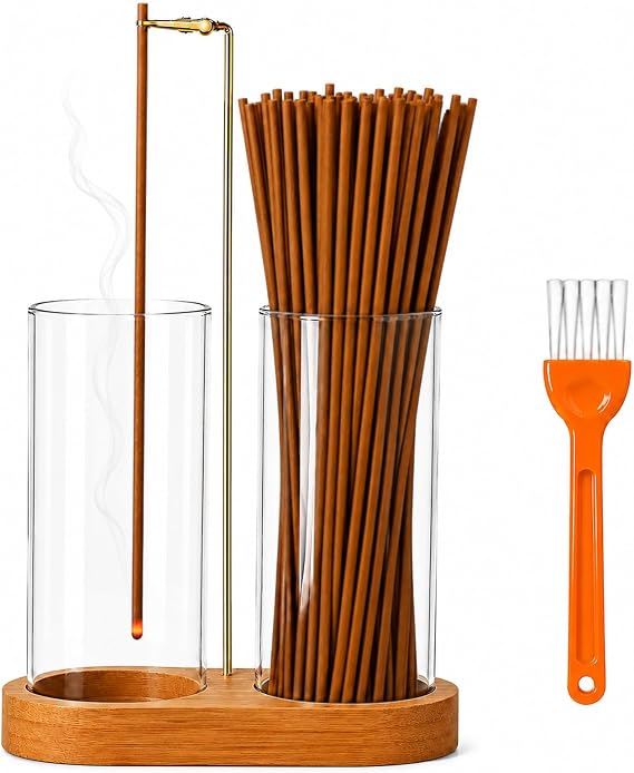 Incense Holder with 2 Tall Glass Bottle,Wooden Base Incense Stick Holder for Desktop,Incense Burner for Ash Collection,Ash Container for Meditation, Yoga, Spa, Home Decor