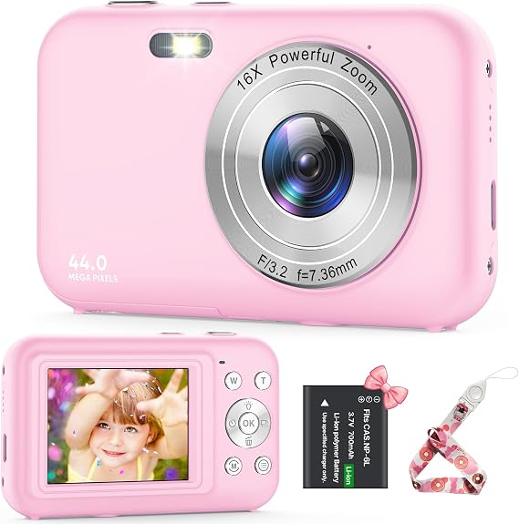 Pink FHD 1080P 44MP Kids Camera - Portable Compact Digital Camera with 16X Digital Zoom