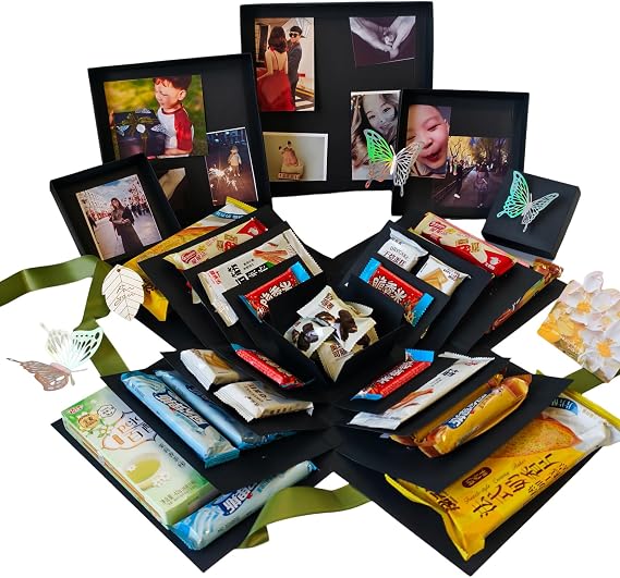 Surprise Box 5-layer set, suitable for holding snacks, photos, cash,  with double-sided tape, ribbons, and laser butterflies. It is ideal for use as a birthday gift,or Valentine's Day surprise gift. Dimensions: 9x9x6.3 inches.(Black)