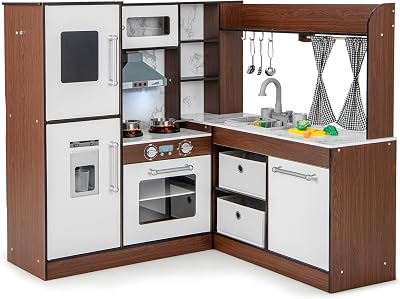 Costzon Kids Kitchen Playset, Toddler Pretend Toy Cooking Set wReal Lights & Sounds, Sink & Faucet, Ice Maker, Microwave, Oven, 18 Cooking Accessories, Corner Play Kitchen for Kids Ages 3 Coffee