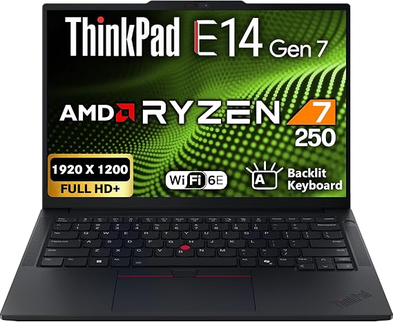 Lenovo ThinkPad E14 Gen 7 14" FHD+ Display, AMD Ryzen 7 250 (Beats i7-1355U), 24GB DDR5 RAM, 512GB SSD PCIe, Backlit Keyboard, WiFi 6E + BT, FHD Webcam, Windows 11 Pro, AI Business Laptop - Black