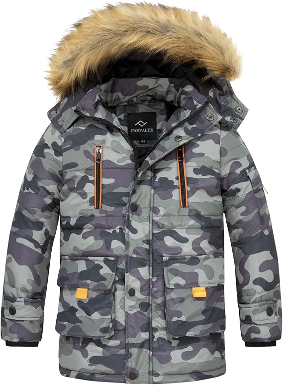 FARVALUE Boy Winter Coat Warm Quilted Puffer Water Resistant Parka Jacket with Detachable Fur Hood for Big Boys