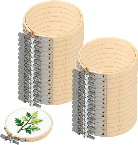 SEHOI 30 Pieces 3 Inch Bamboo Embroidery Hoops, Wooden Round Adjustable Bamboo Circle Cross Stitch Hoop Rings for Art Craft Handy Sewing