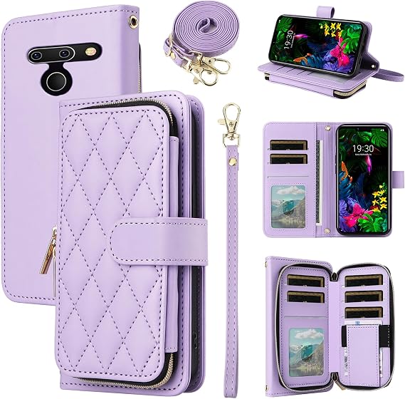 Argyle Wallet Case for LG G8 ThinQ with Wrist Strap Shoulder Strap, 9+ Card Slots Zipper Purse Luxury PU Leather Stand Cell Phone Cover for LGG8 Thin Q G 8 LG8 G8thinq LGG8thinq 8G Purple