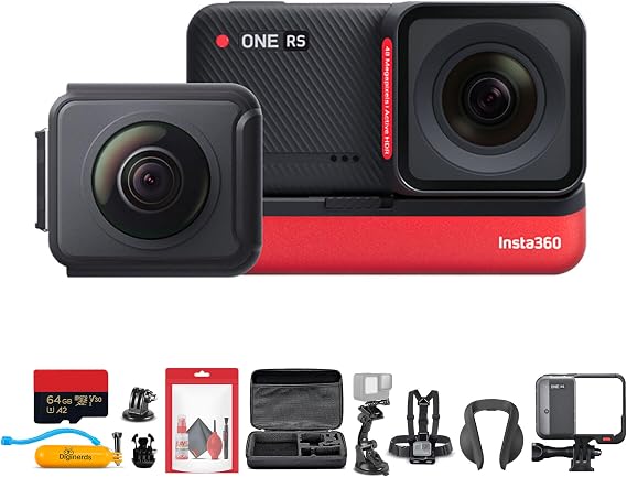 Insta360 ONE RS Twin Edition Waterproof 4K 60fps Action Camera, 360 Camera, Stabilization, 48MP Photo, Active HDR, AI Editing + 50-in-1 Accessory Kit + 64GB Card + Card Reader + More