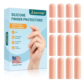 JUMPOW Gel Finger Cots Protectors, Silicone Finger Covers Caps Sleeves Flexible Shields for Fingertip Thumb Protection, Arthritis, Rubbing, Cracking, Hangnail & Pain Relief (Complexion, M+L, 16PCS)