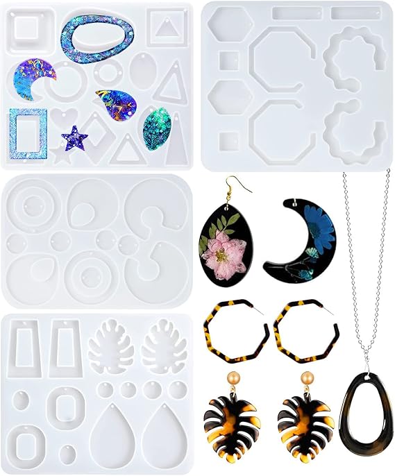 Resin Earring Mold, 4 Pieces Earring Silicone Molds for Epoxy Resin, Resin Molds Silicone for Earrings, Pendants, Rings, or Other Resin Jewelry Molds