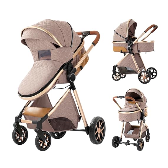 Baby Stroller 2 in 1 Baby Prams Pushchair Function, Foldable, Portable, Comfortable, for Infant Toddler Aged 0-36 Months (Khaki)