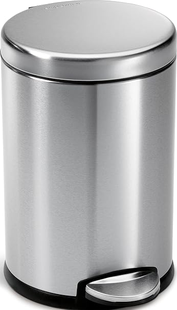 simplehuman Round Step Can, 4.5L / 1.2 Gallon Compact Bathroom Trash Can, 150,000-Step Pedal, Lid Shox Silent Close, Removable Inner Bucket, Brushed Stainless Steel