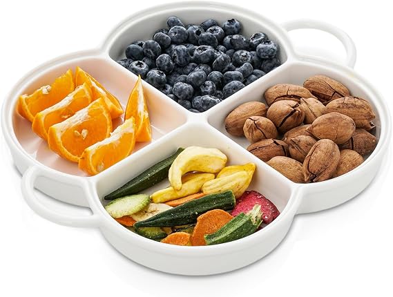 Divided Serving Platter,Ceramic Chip & Dip Serving Dish,12" Decorative Sectional Dish,4-Compartment Appetizer Fruit Dish for Party,Perfect for Chips and Dip, Veggies, Candy and Snacks, White