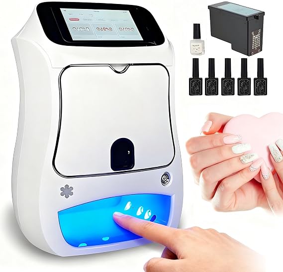 Nail Art Printer Machine W/Touch Screen Display, Mobile Nail Printing Machine, 3D Digital Nail Printer Machine Salon Set: W/Nail Art Machine, Pack of Nail Polish&Nail Dryer White