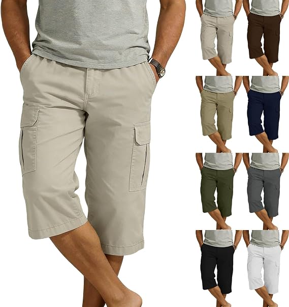 Yolimok Men's 3/4 Length Cargo Shorts Summer Outdoor Quick Dry Breathable Stretch Cotton Combat Golf Cropped Trousers with 4 Pockets Hiking Walking Chinos 3/4 Trousers Everyday Workwear