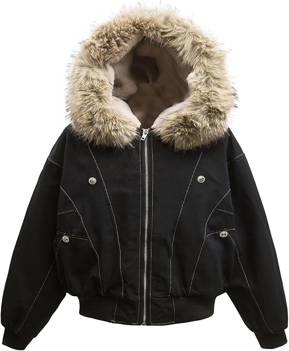Y2k Zip Up Jacket Unisex Baggy Cotton Jacket Winter Long Sleeve Fur Hoodie Casual Outerwear