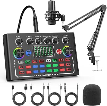 Podcast Equipment Bundle, Studio Equipment Kit with Voice Changer, Condenser Microphone, Mic Arm, OTG, Audio Mixer Sound card for Phone/PC/Laptop, Perfect for Recording Broadcast Streaming Gaming
