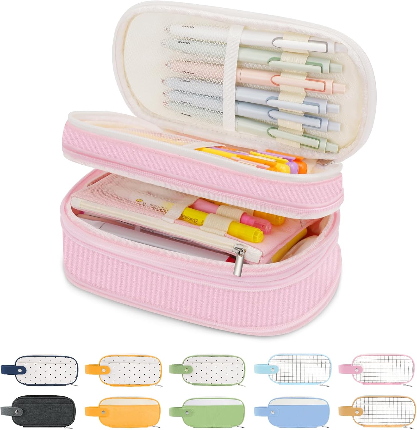 Sooez Large Pencil Case, Expandable Pencil Bag with 6 Compartments, Big Capacity Canvas Pencil Pouch Organizer with Zipper, Portable Stationery Pen Bag, Cute Aesthetic School Supplies For Teen Girls