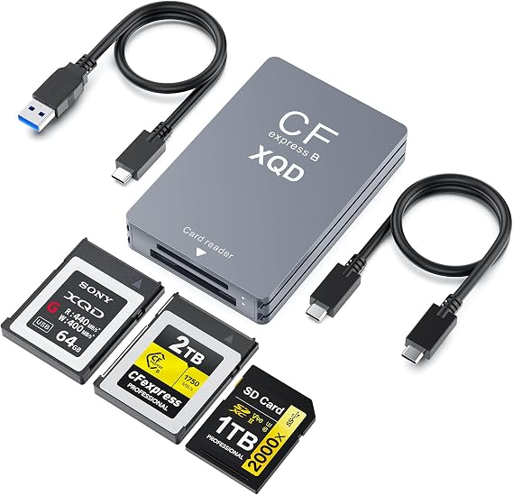 CFexpress Type B / XQD / SD 3-in-1 Card Reader, USB-C / USB-A Compatible, USB 3.2 Gen2 10 Gbps High Speed Transfer, Stable Transmission, Aluminum Alloy, Type C / A Cable Included, Compatible with Windows, Mac, Linux, Android, iOS