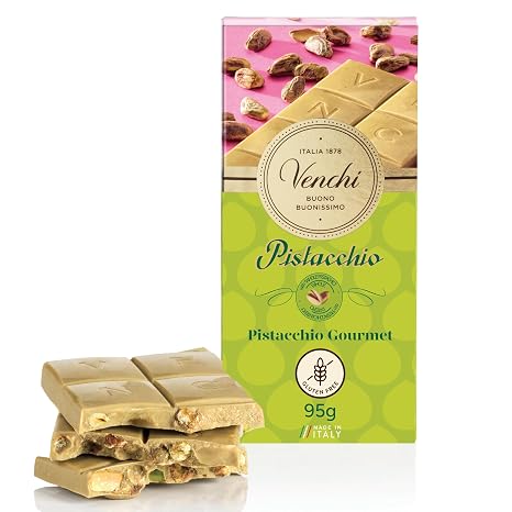 Venchi - Gourmet Pistachio Chocolate Bar White Chocolate and Pistachio Paste with Whole Crispy Pistachios 95 g Gluten Free No Dyes and No Preservatives