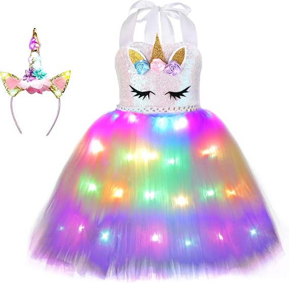 Soyoekbt Girls Unicorn Costume LED Light Up Princess Tutu Dress with Unicorn Headband for Halloween Birthday Party