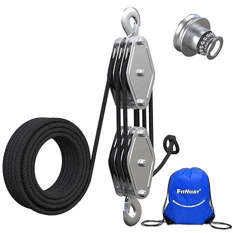 Block and Tackle 2200 LBS Breaking Strength Heavy Duty Pulley, 50 Ft 3/8" Rope Pulley, 5:1 Lifting Power Pulley System, Pulley Hoist for Animal Husbandry, Warehouses, Constructions(Black)