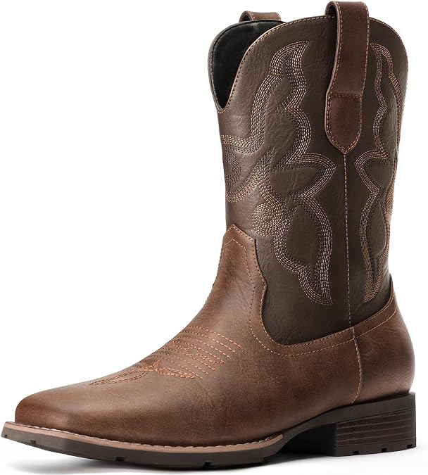 Cowboy Boots For Men - Brown Western Boot Men's Cowboy Boots With Square Toe | Cowboy Carter Western Boot | Pull-on Boots| Old West Style Embroidered Size 11.5